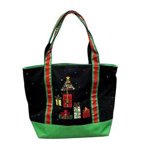 Quacker Factory Christmas Tree & Gifts Festive Tote Sequin‎ Beads Black Red Bag